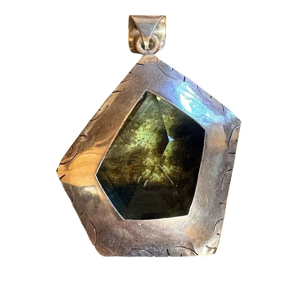 Taxco Sterling Siver & Blue Pendant Marked TS-7B Large Geometric Vintage Mexico